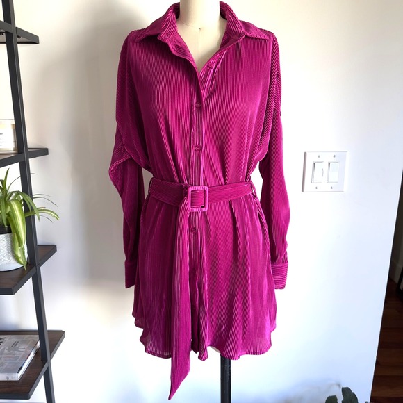 LE LIS Pleated Belted Shirt Brooke Dress-Raspberry Pink-Women Sze XS-NWT RRP $78 - Picture 1 of 16